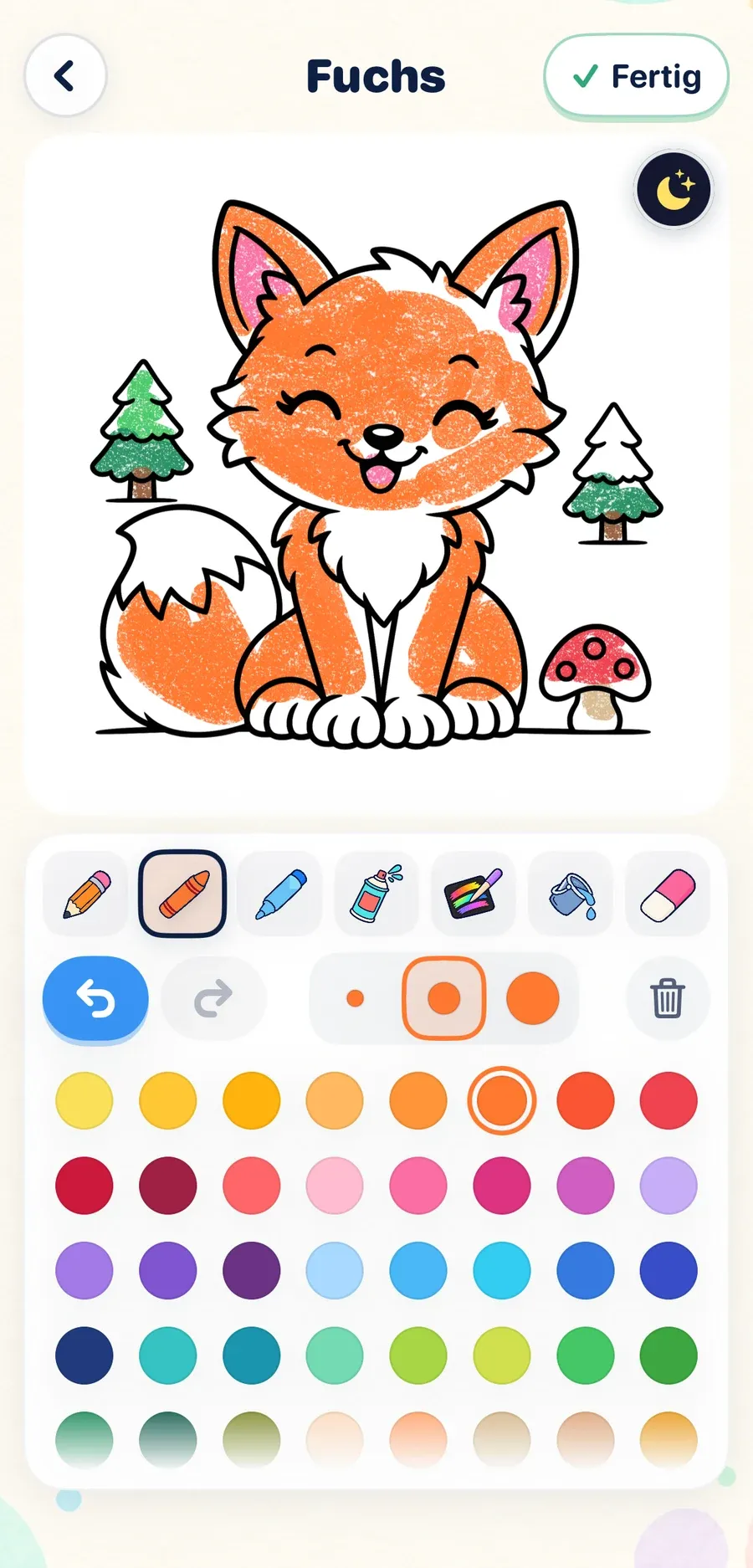 Ein Fuchs wird mit orangem Wachsmalstift ausgemalt