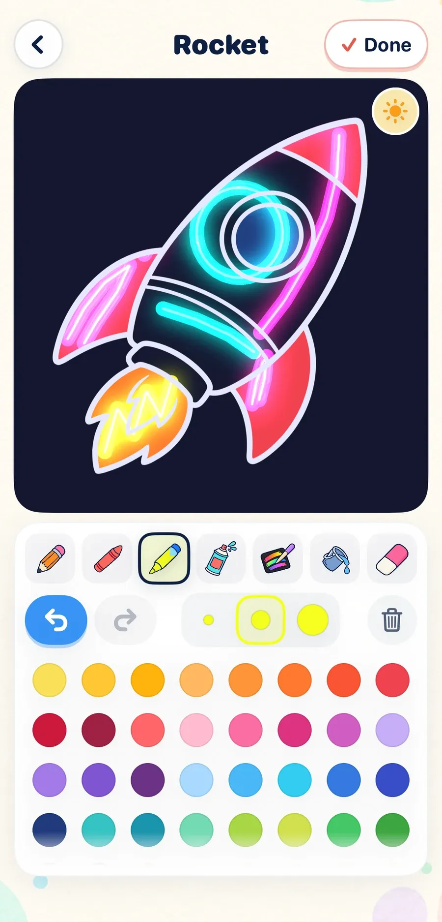 A rocket in glowing neon colors